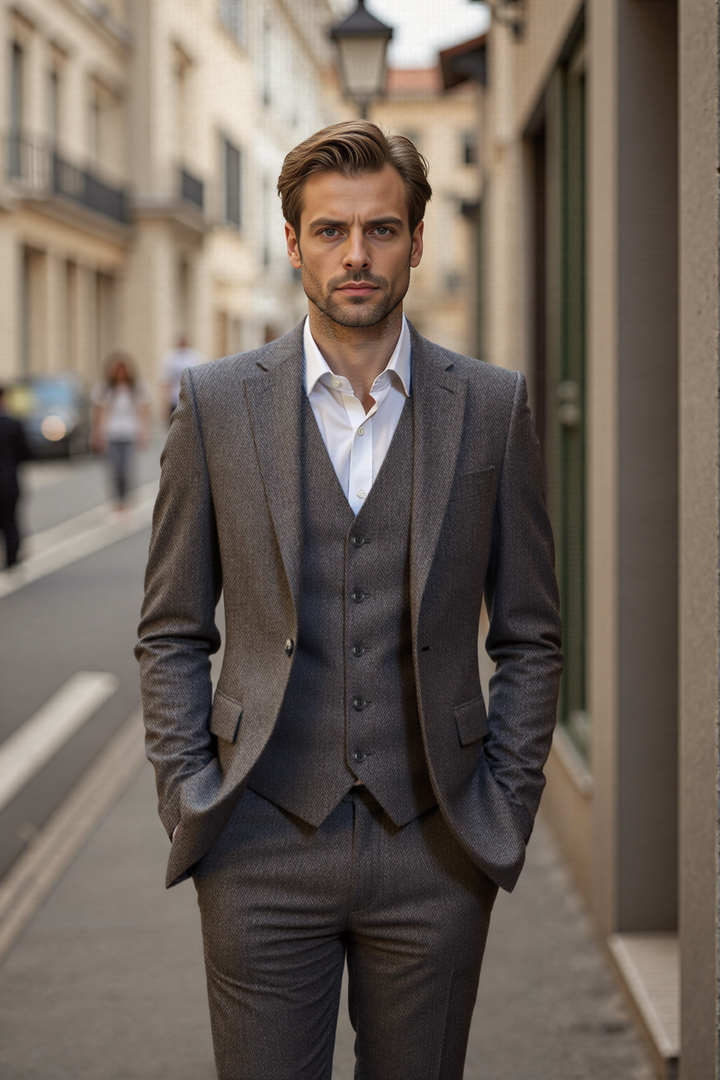 Bllmen Grey 3 Pieces Mens Suit Notch Lapel Tuxedos ST008