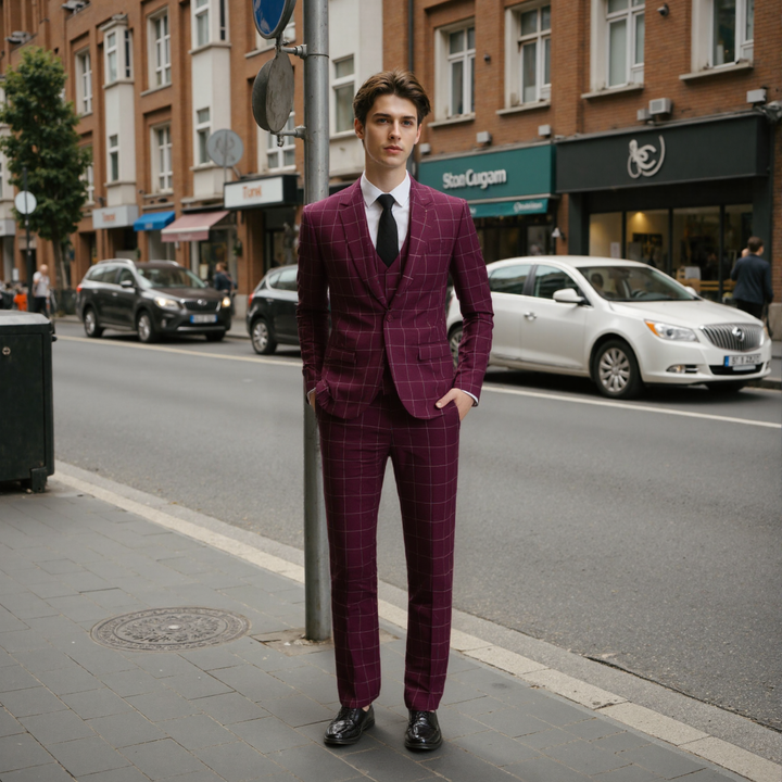 Bllmen Burgundy 3 Pieces Mens Suit Peak Lapel Tuxedos ST017