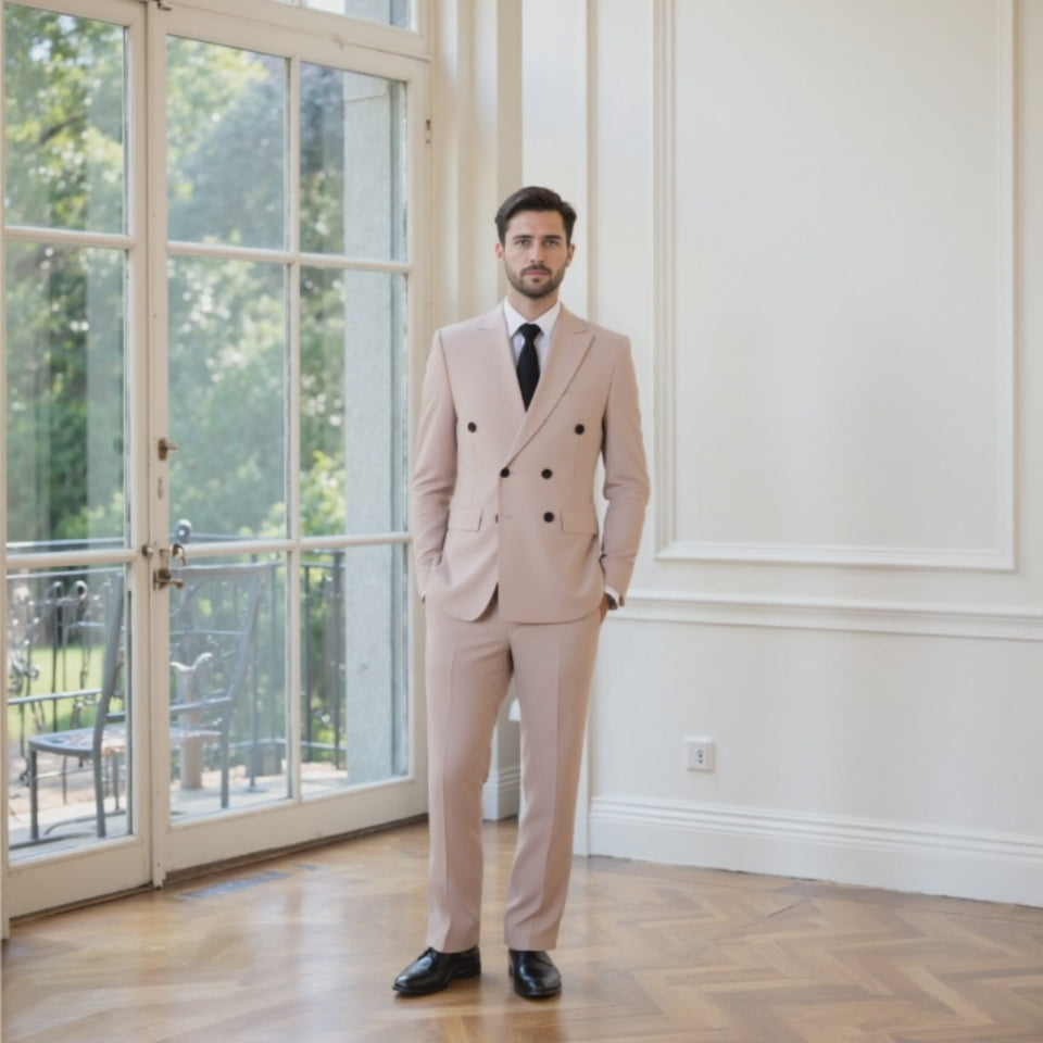 Bllmen Beige 2 Pieces Solid Peak Lapel Men's Suit ST002