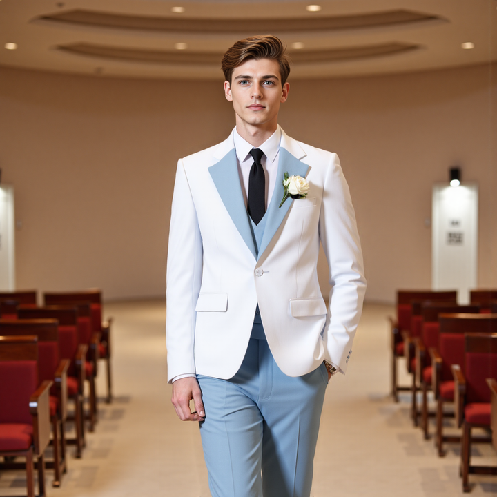 Bllmen Light Blue 3 Pieces Mens Suit Notch Lapel Tuxedos ST011